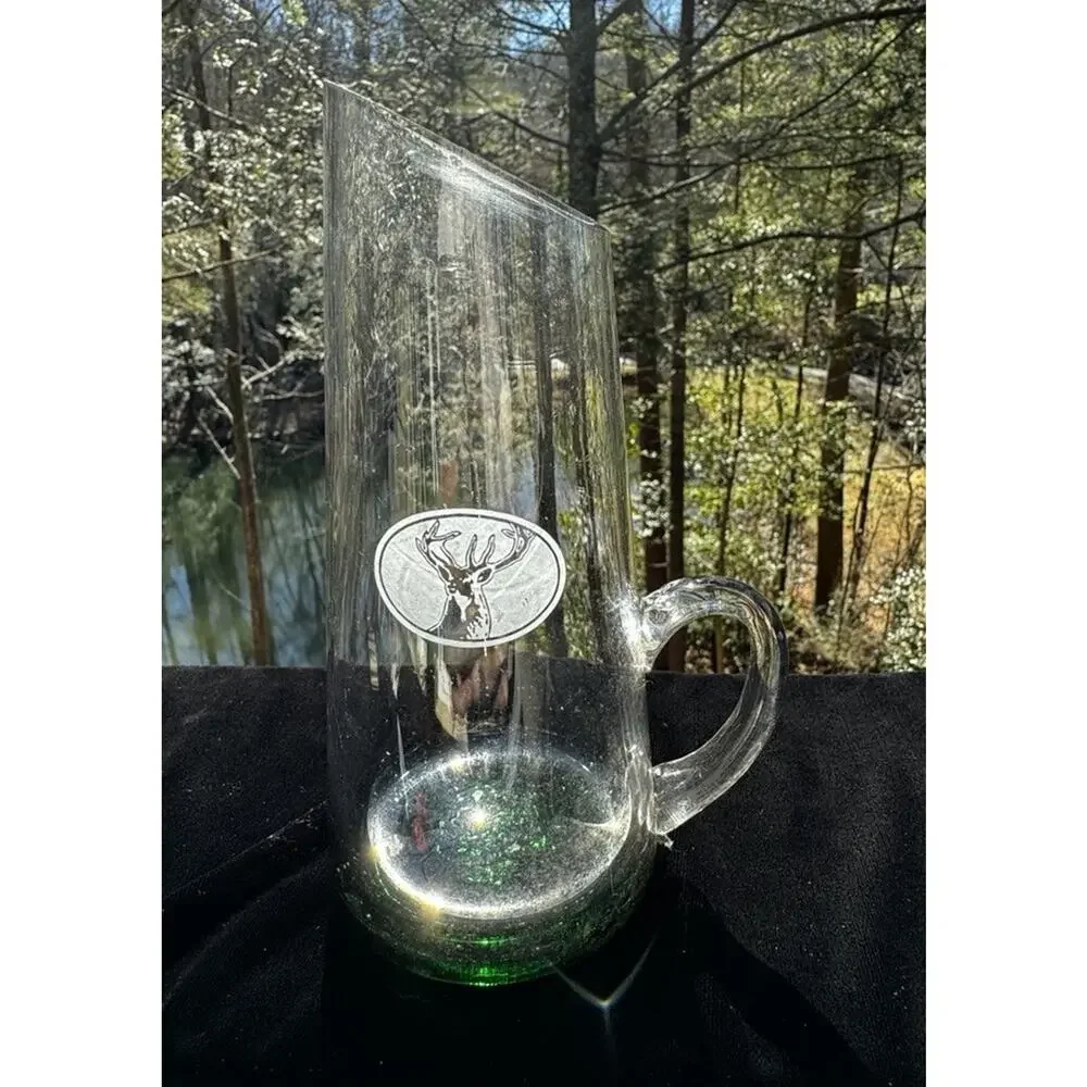 Yagermeister Glass Slanted Water Pitcher Green Weighted Base Etched Stag A1